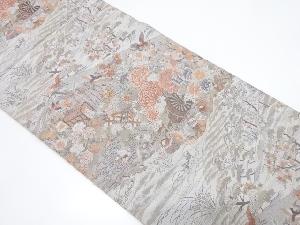 花車に流水・鴛鴦模様織り出し　袋帯